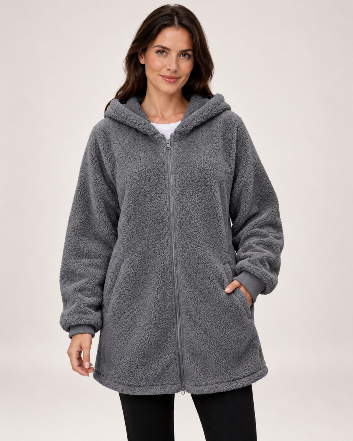 Women's grey fleece hooded jacket close variant view