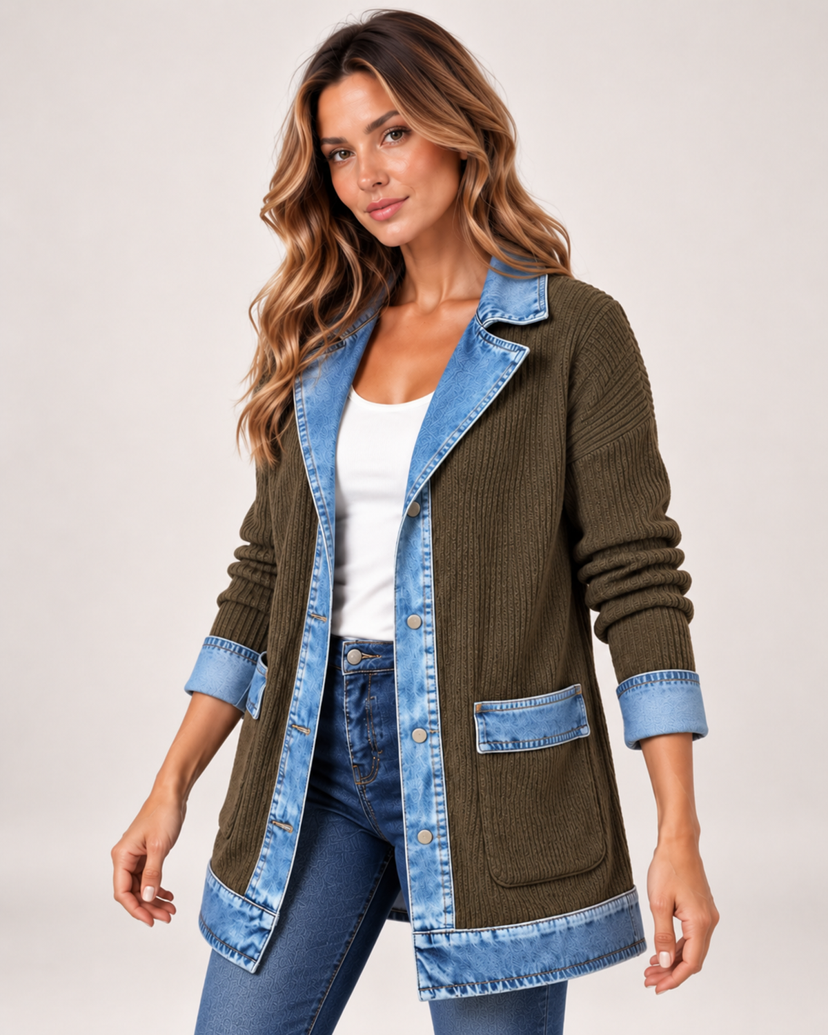 Women's Coatigan with Denim Collar and Button Front khaki close variant view
