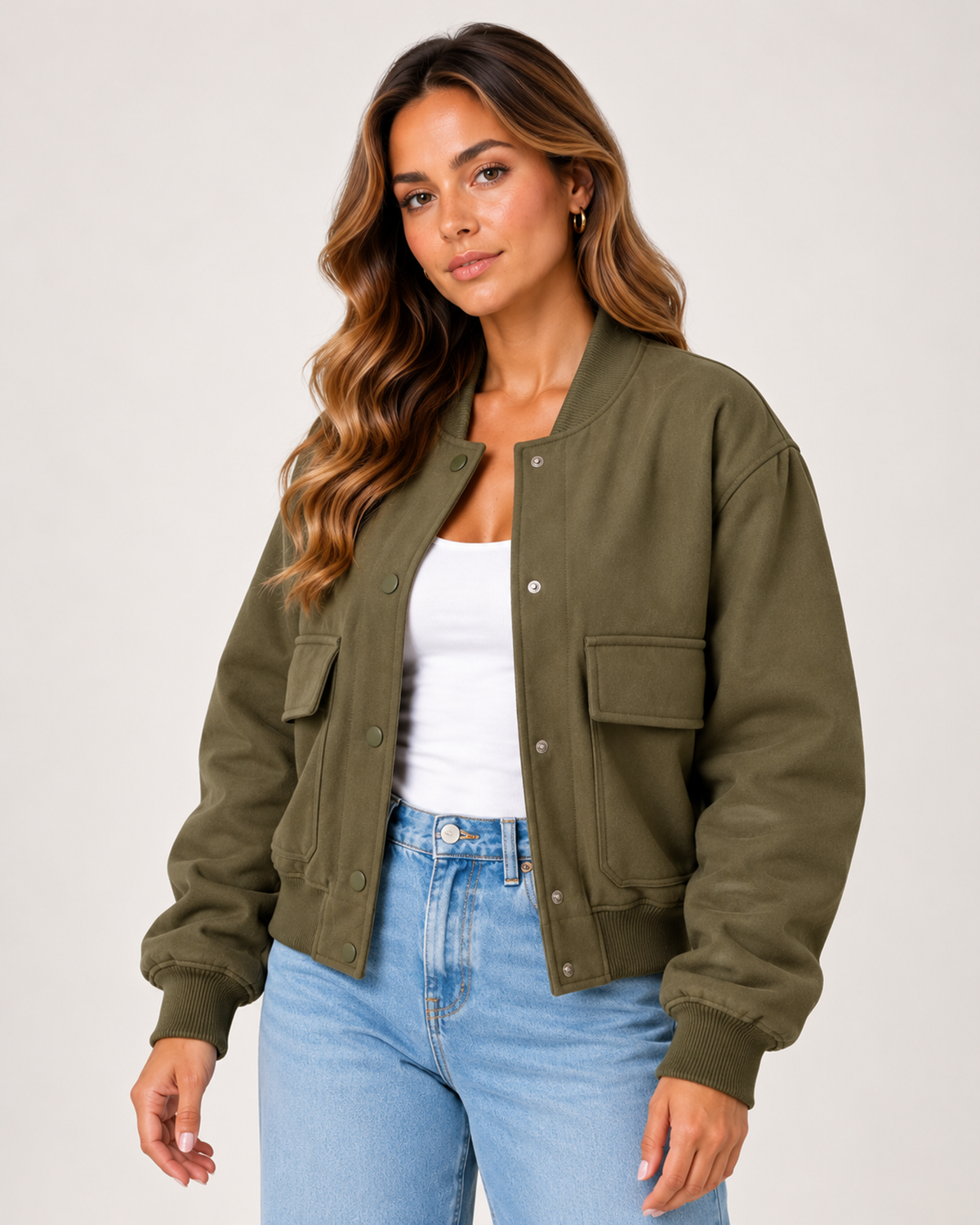 Women's Oversized Bomber Jacket – Button Front Casual Jacket olive close variant view