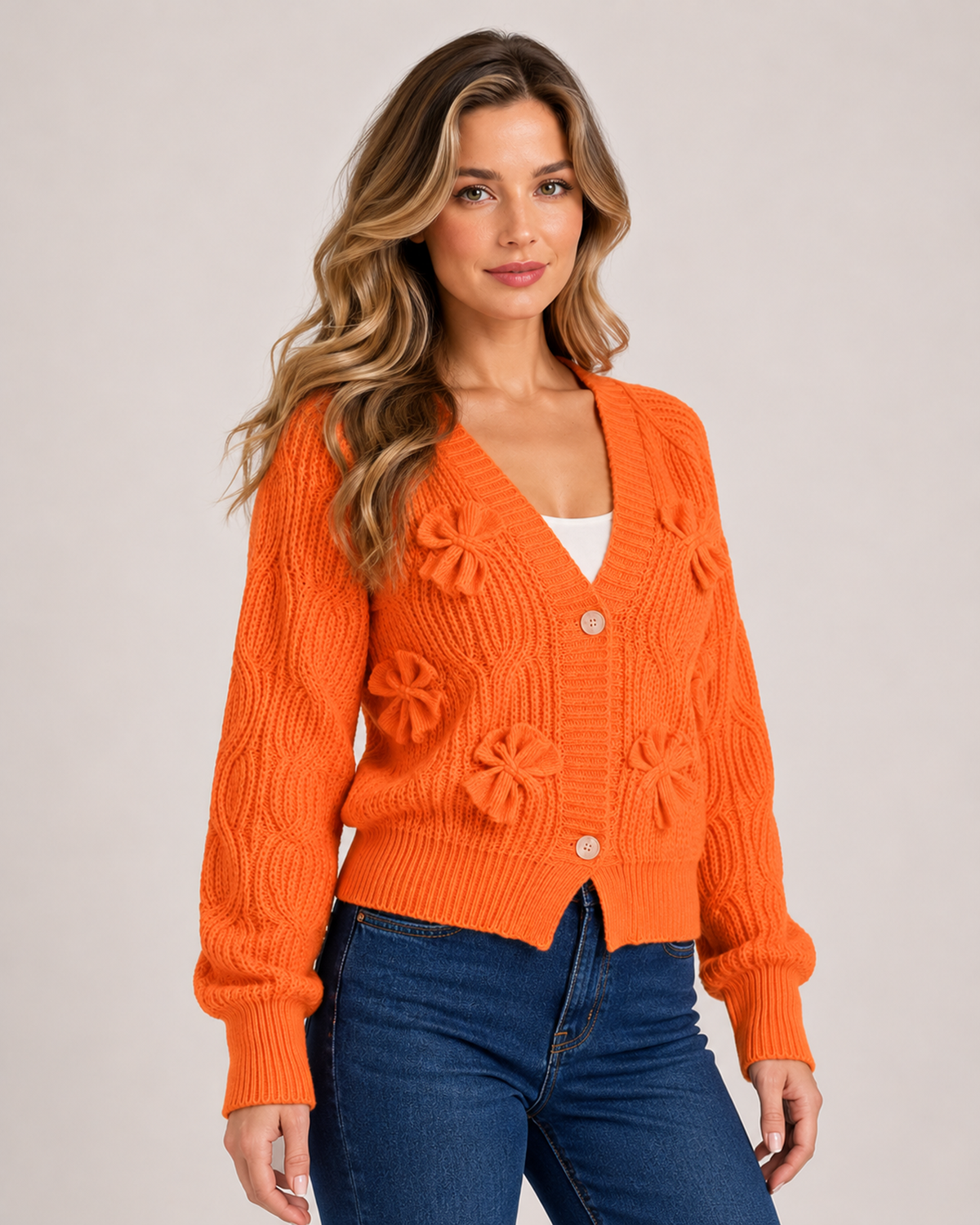 Women's Bow Cardigan with V Neck orange close variant view
