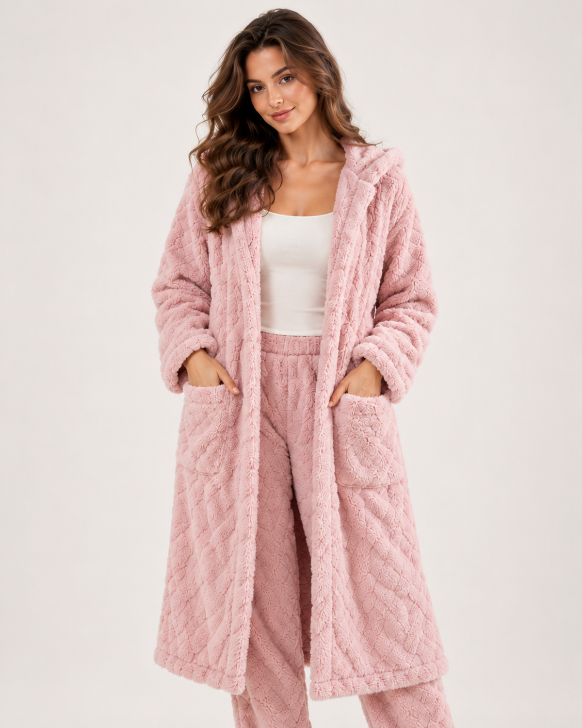Women’s Pyjama Set with Long Hooded Robe and Trousers in Pink, full body view