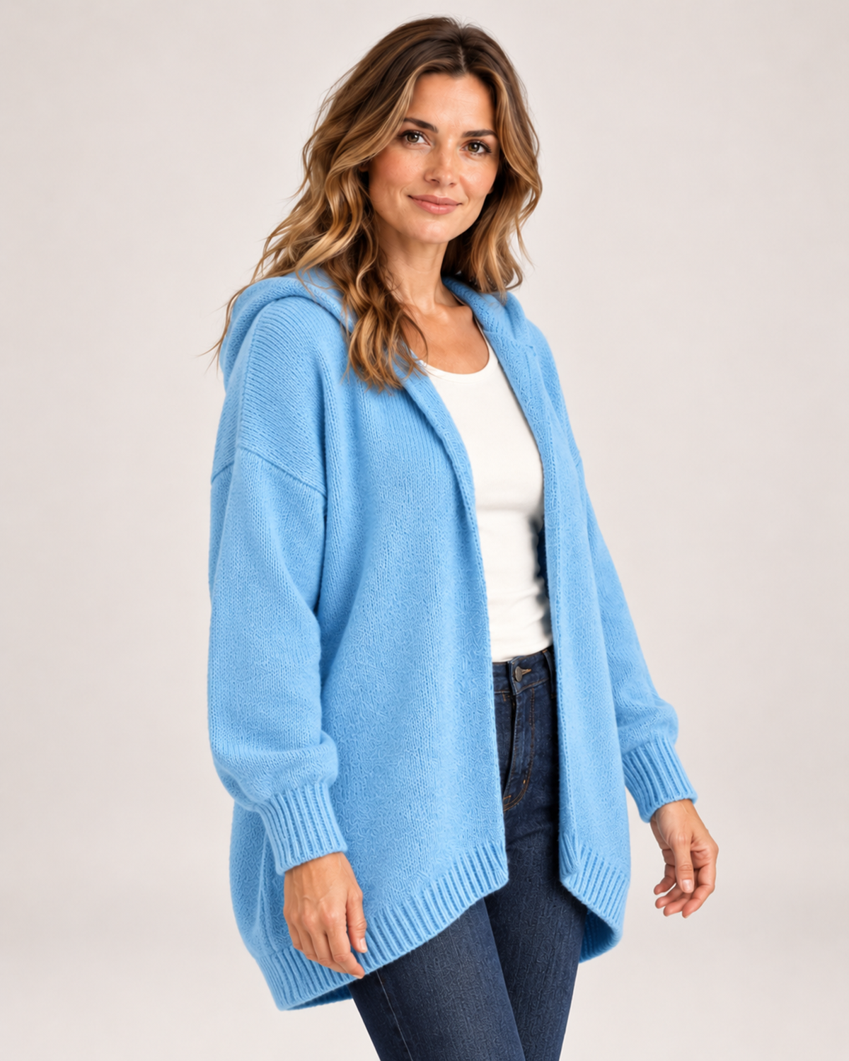 Women's Hooded Cardigan with Knitted Finish sky blue close variant view