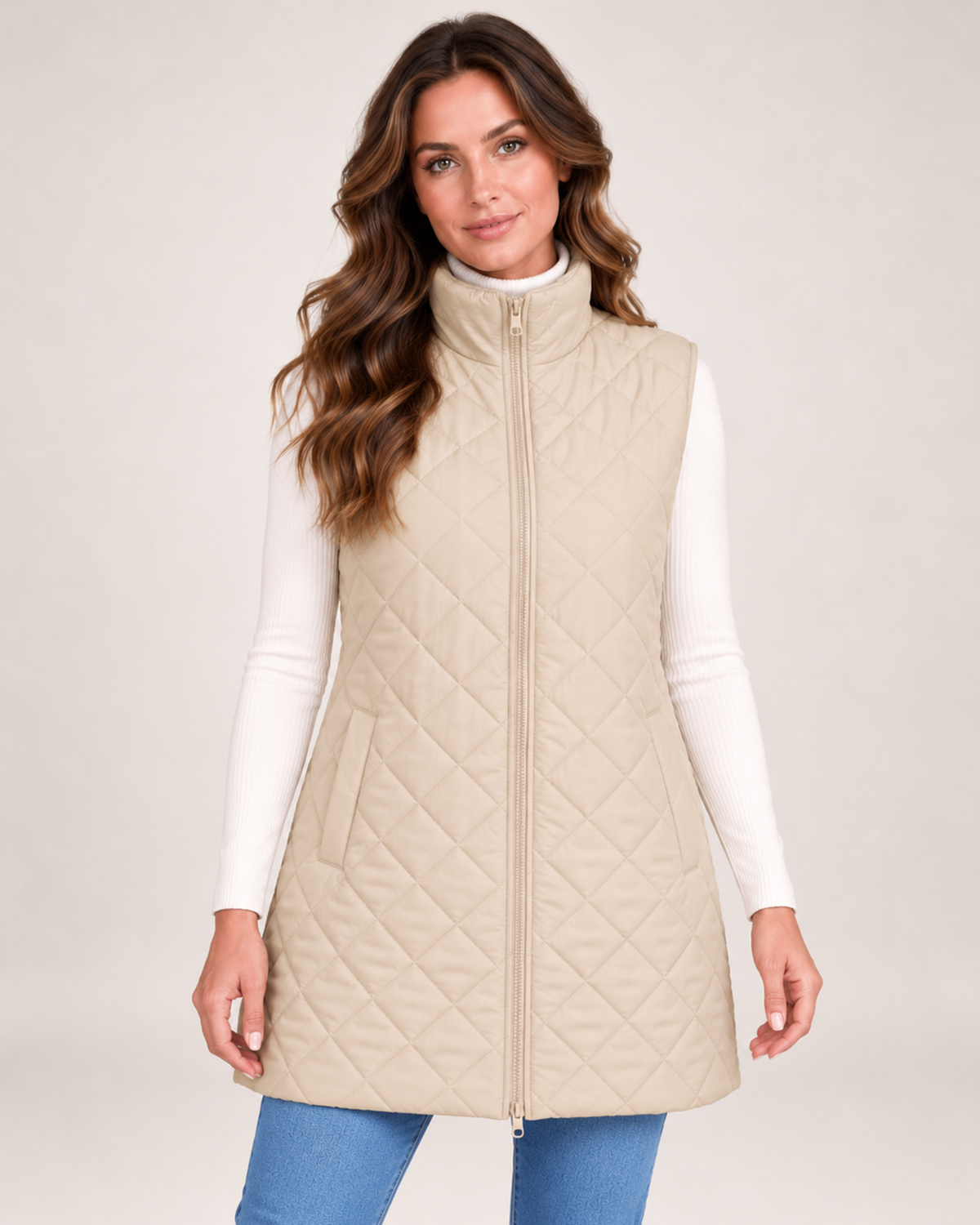 Women's beige long quilted gilet