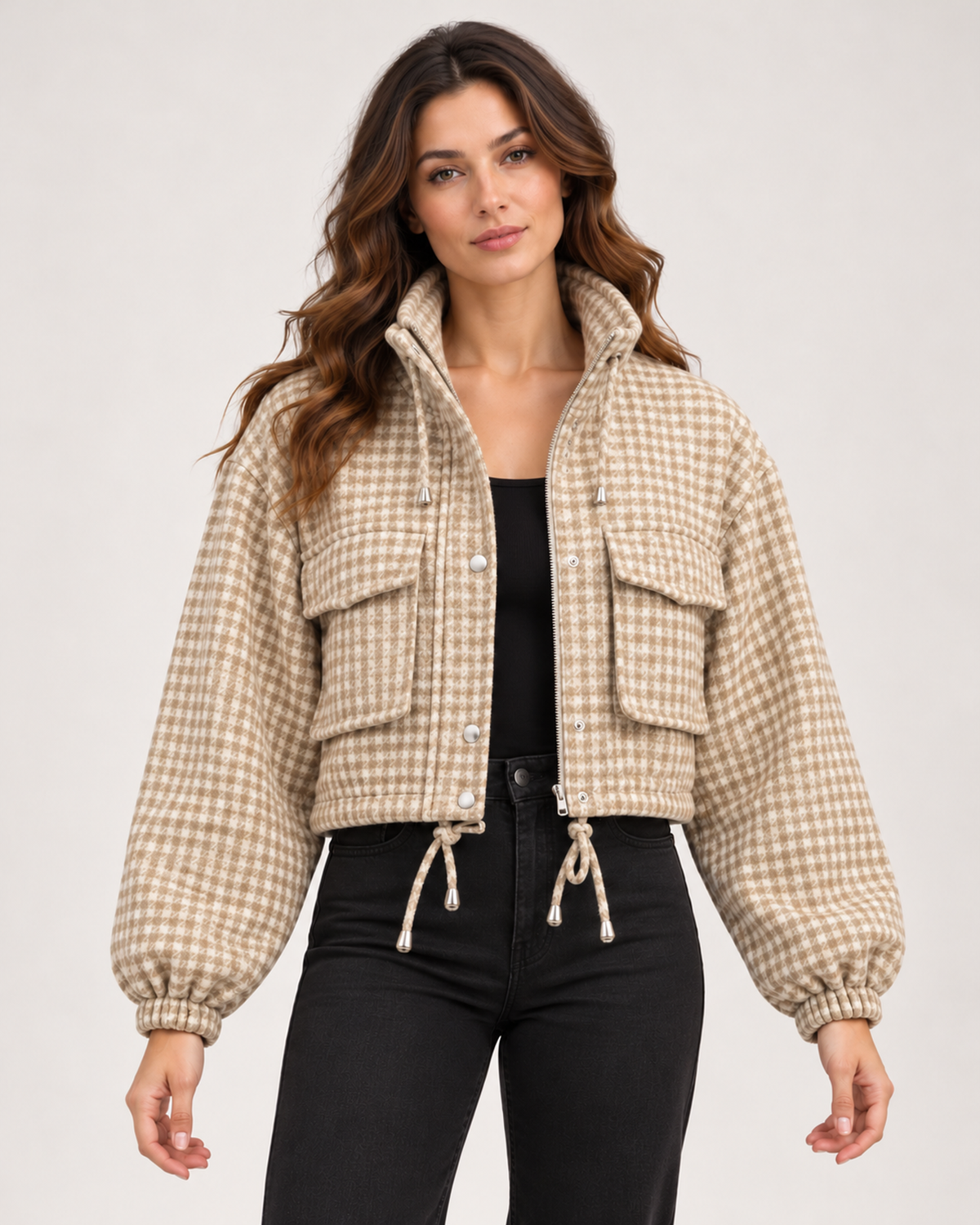 Women's beige checked cropped jacket