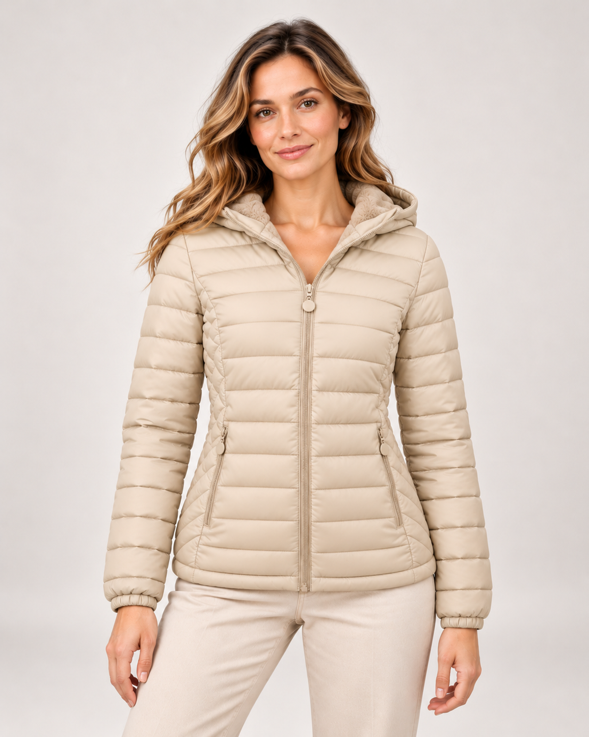 Women's beige quilted hooded jacket