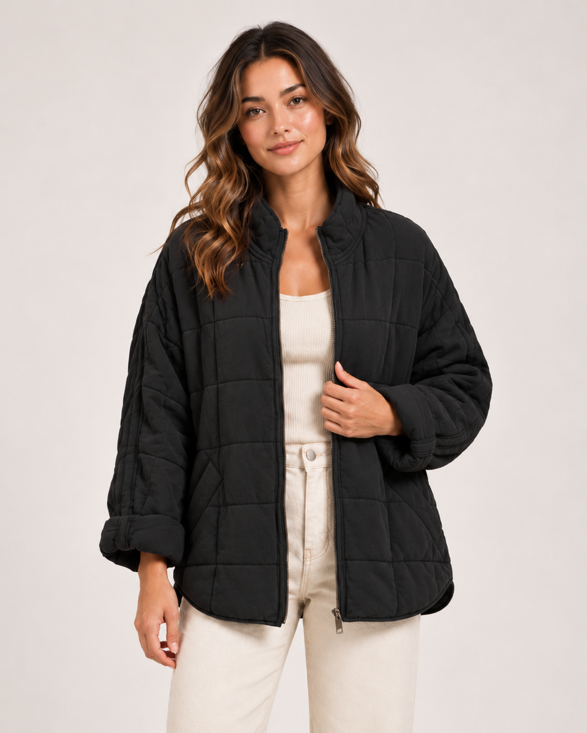 Women's black quilted zip up jacket
