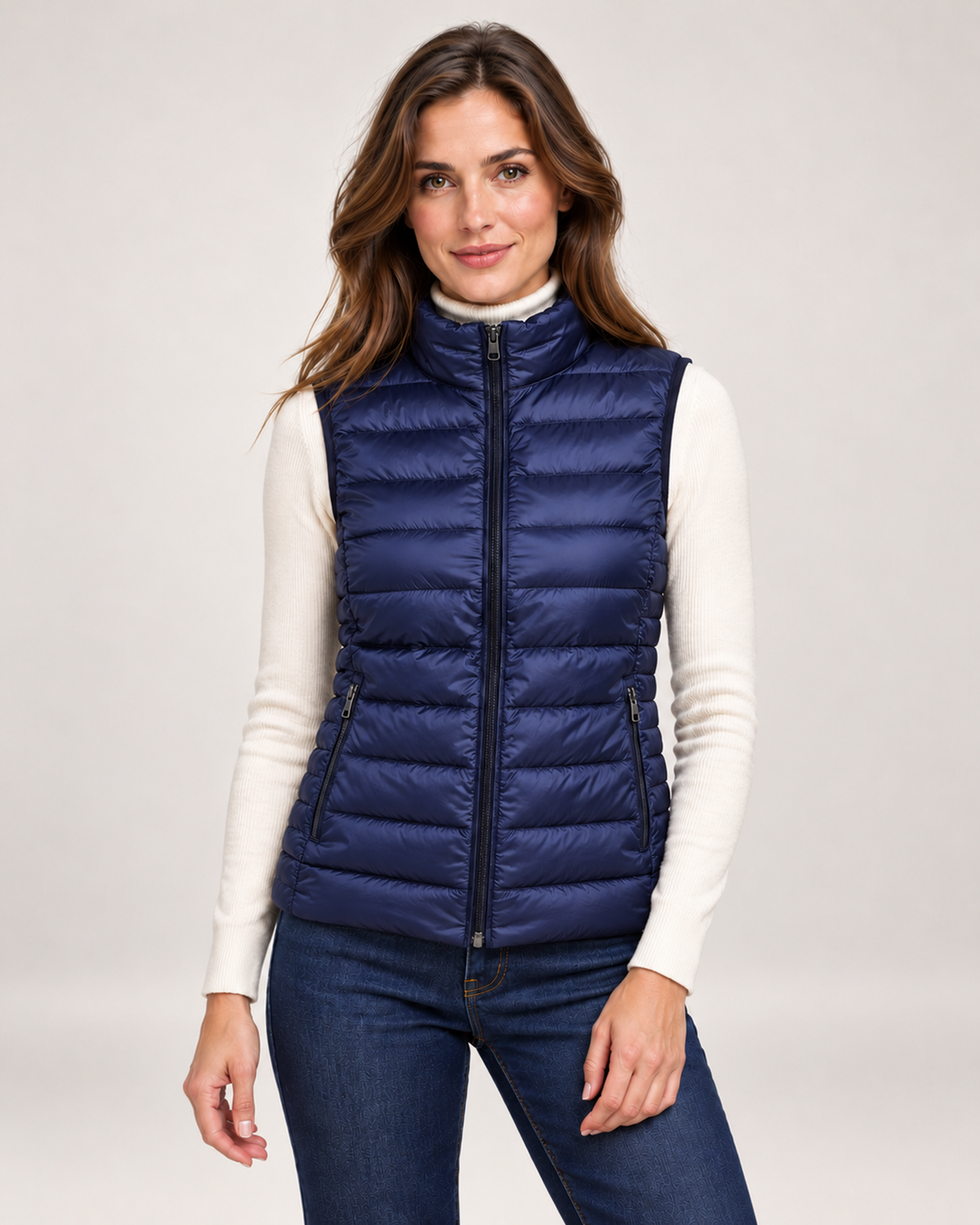 Women's blue lightweight gilet with stand collar