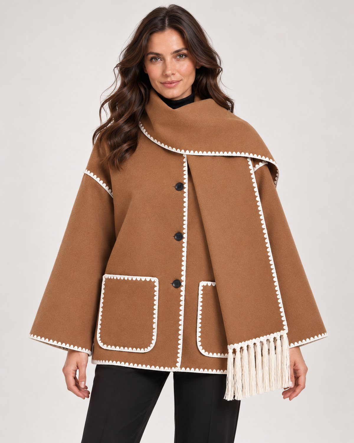 Women's brown cape coat with scarf collar