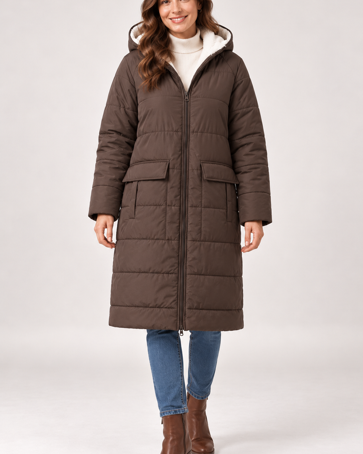 Women's long hooded puffer coat in brown