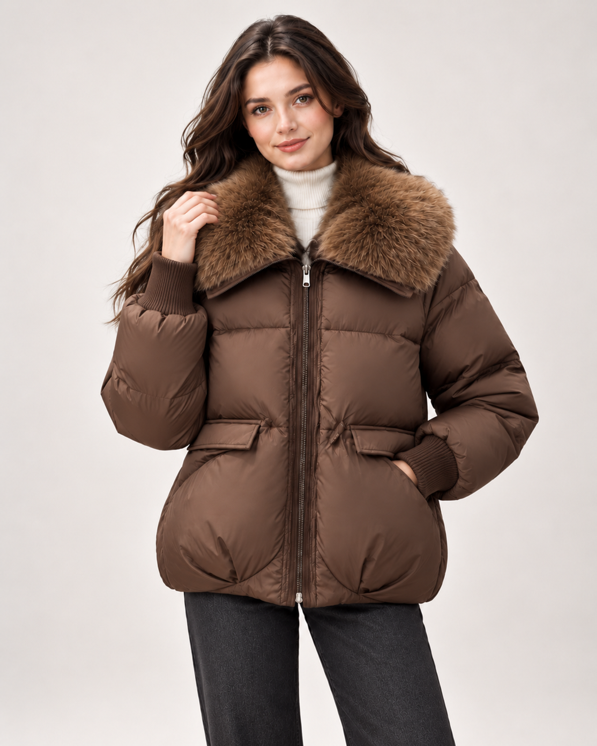 Women’s brown puffer jacket with faux fur collar