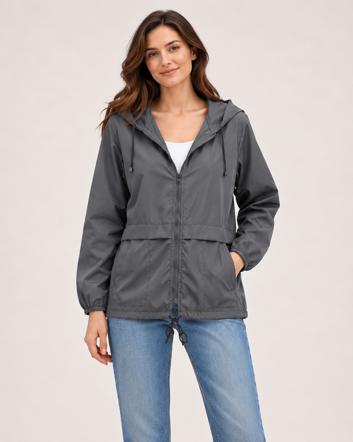 Women's dark grey lightweight hooded utility jacket