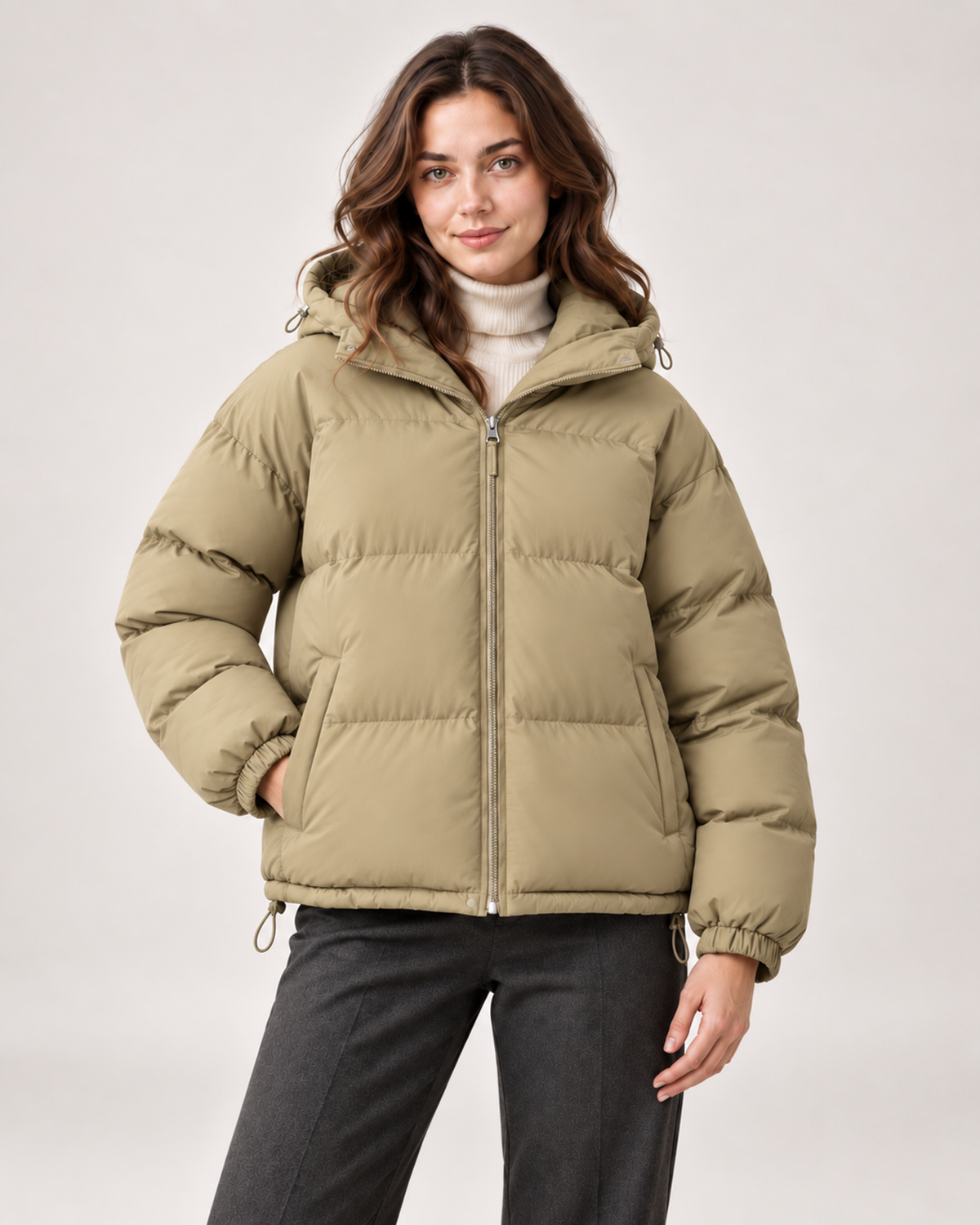 Women's khaki puffer jacket with hood and drawcord hem