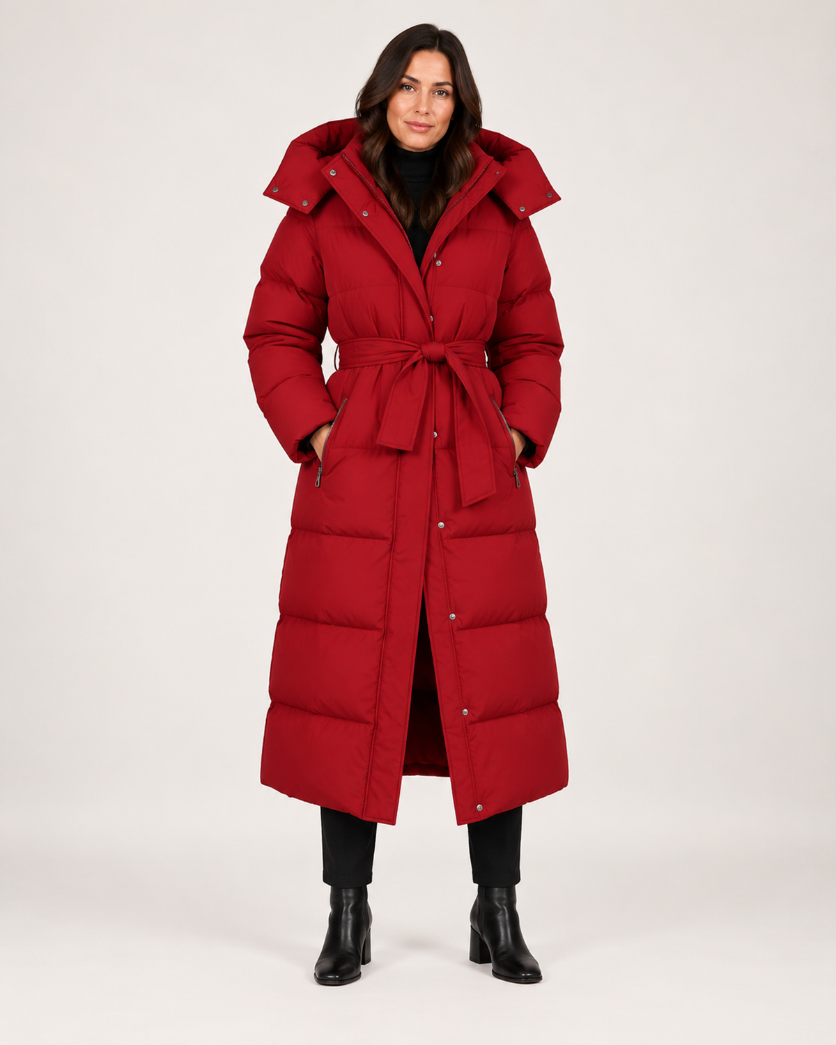 Women's red long puffer coat with hood and belt