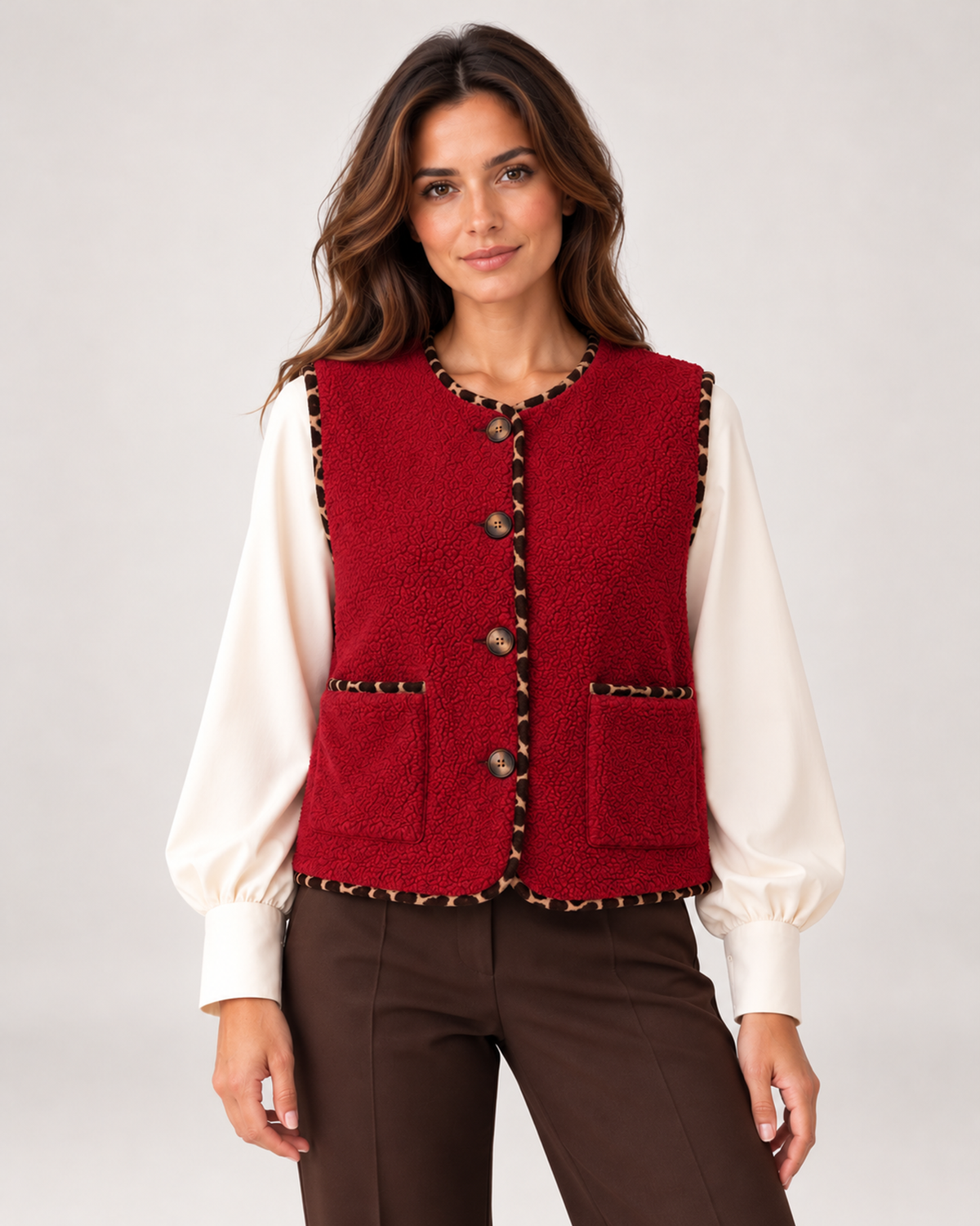Women's red borg gilet with contrast trim