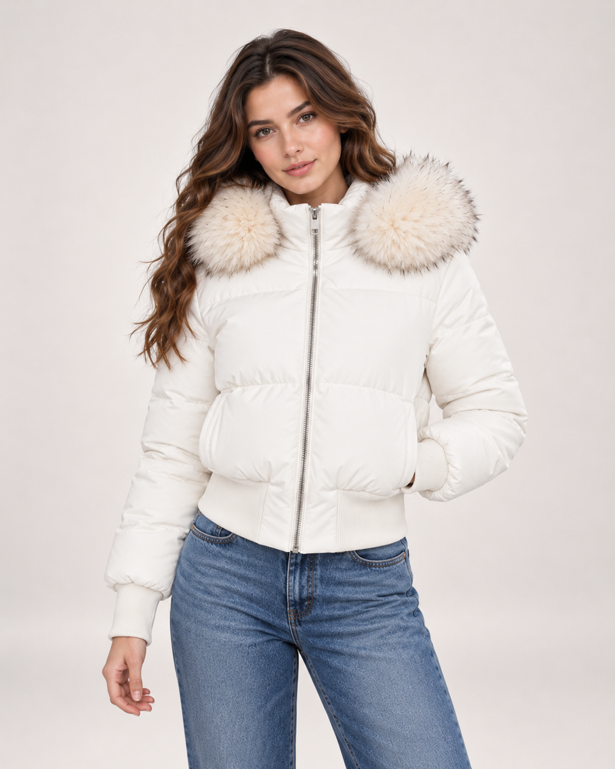 Women's white cropped puffer jacket with faux fur hood trim