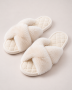 Women’s Fluffy Slippers with Cross Straps and Open Toe in White, product only view