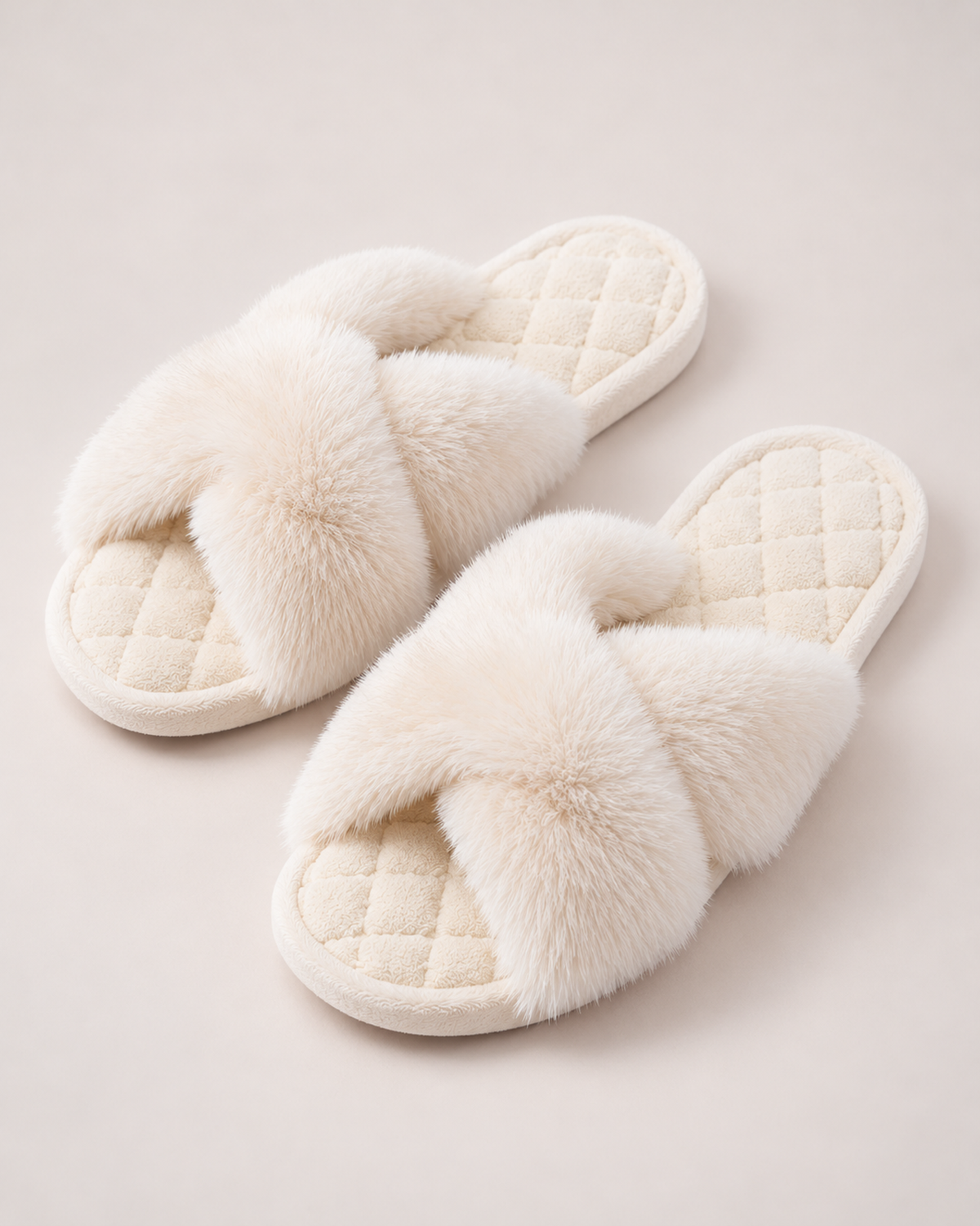 Women’s Fluffy Slippers with Cross Straps and Open Toe in White, product only view