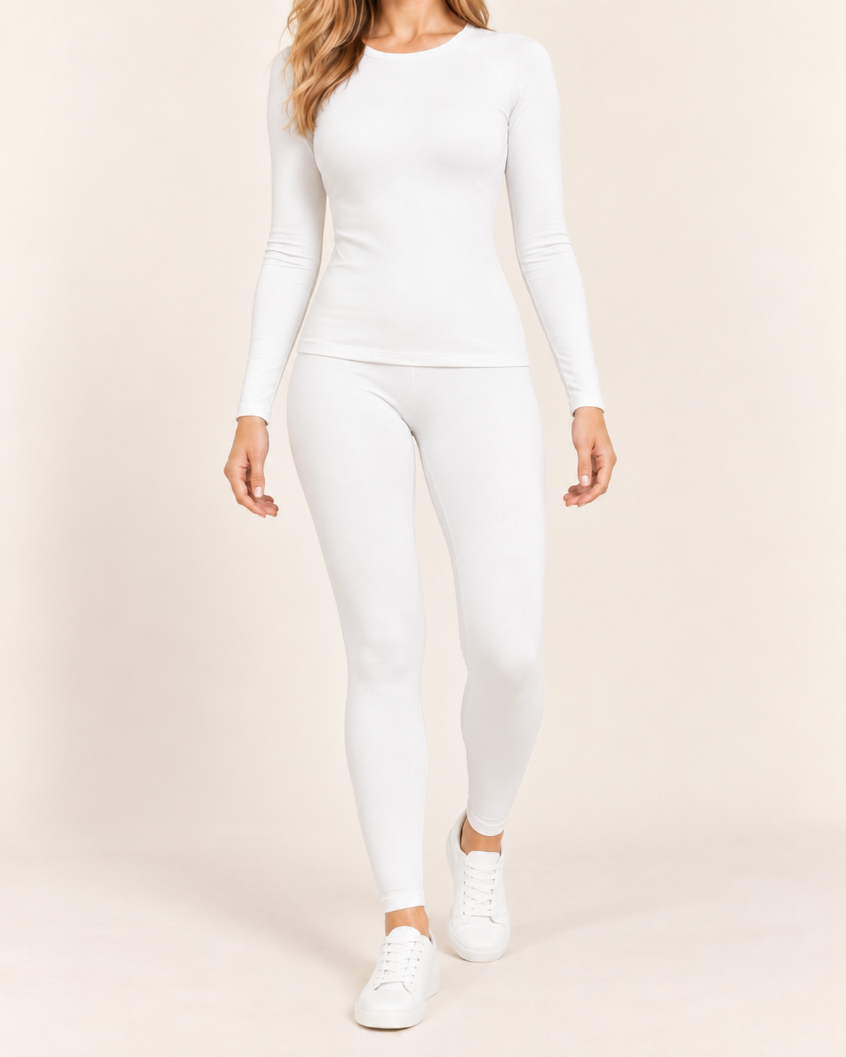 Women's white crew neck thermal base layer set close variant view