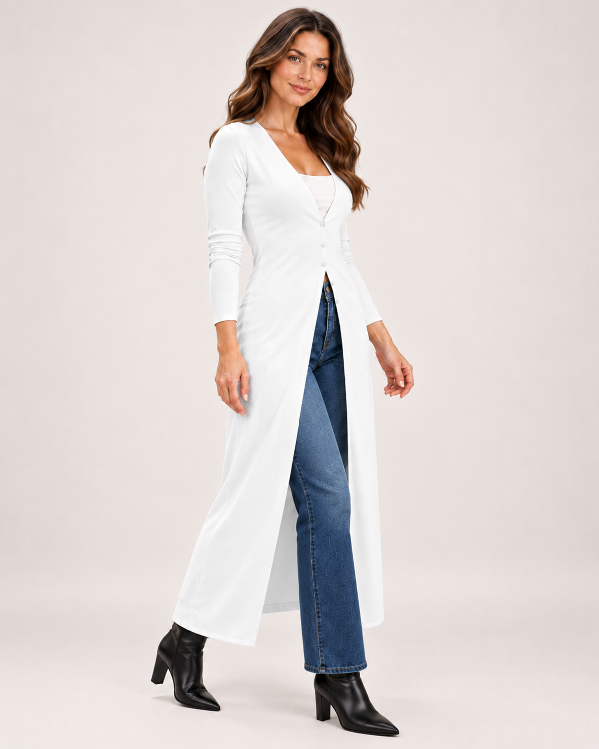 Women's Coatigan with V Neck and Longline Button Front white close variant view