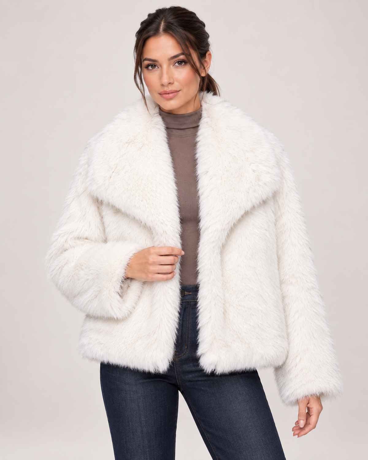 Women's Faux Fur Jacket with Wide Lapel Collar white close variant view