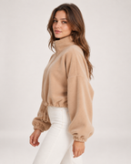 Women’s beige fleece jacket close side profile view