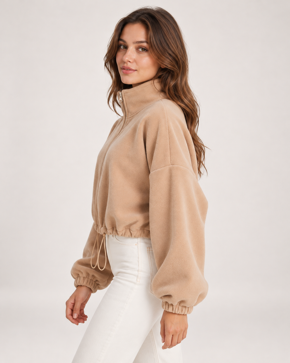 Women’s beige fleece jacket close side profile view