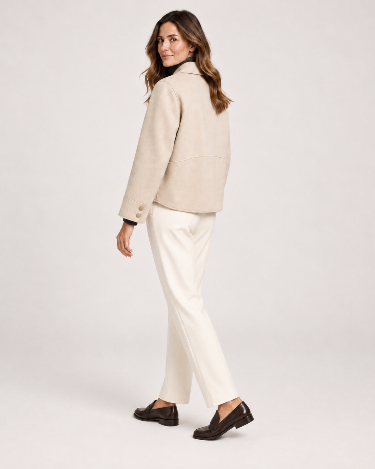 Women’s Short Jacket with Button Front and Patch Pockets in Beige, three quarter body view