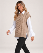 Women’s Knitted Vest with Longline Shape and Cable Detail in Beige, three quarter body view