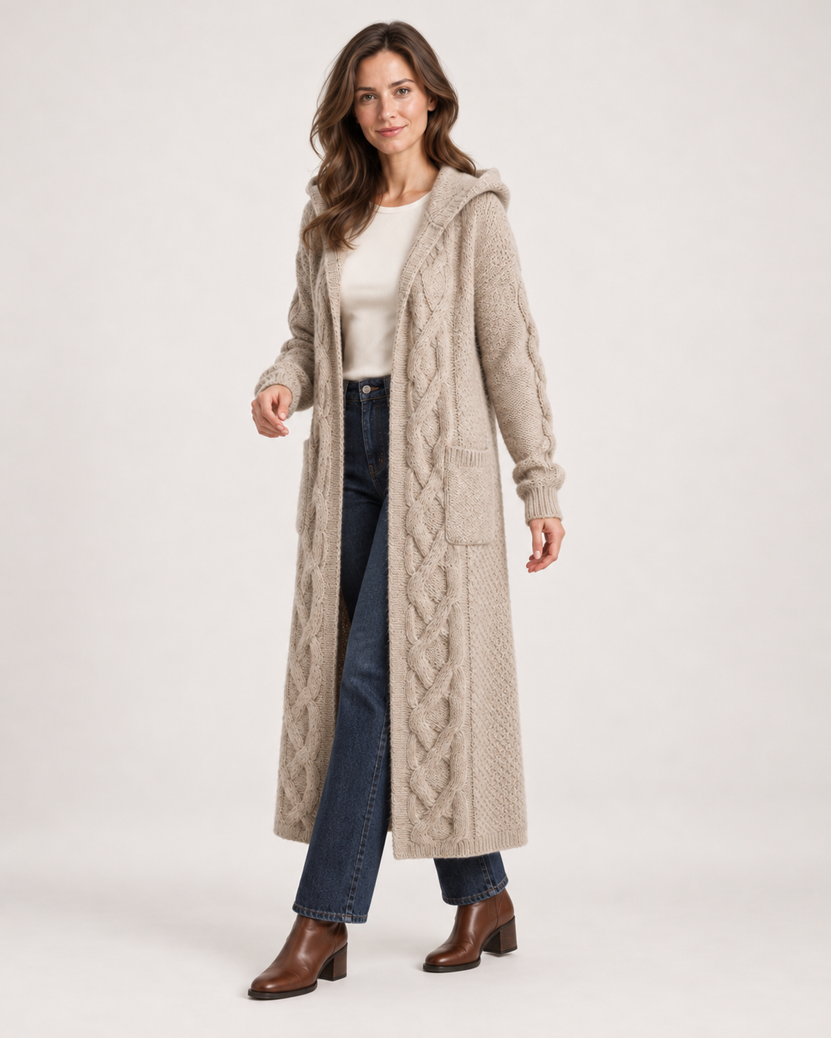 Women’s Long Cardigan with Hood and Cable Detail in Beige, three quarter body view