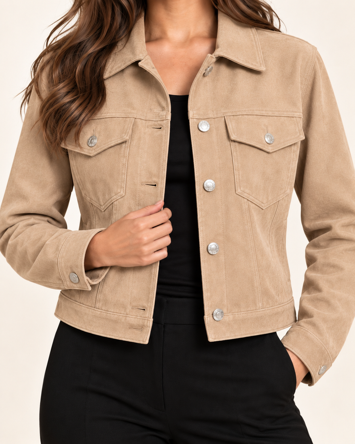 Women's beige faux suede button up jacket close variant view