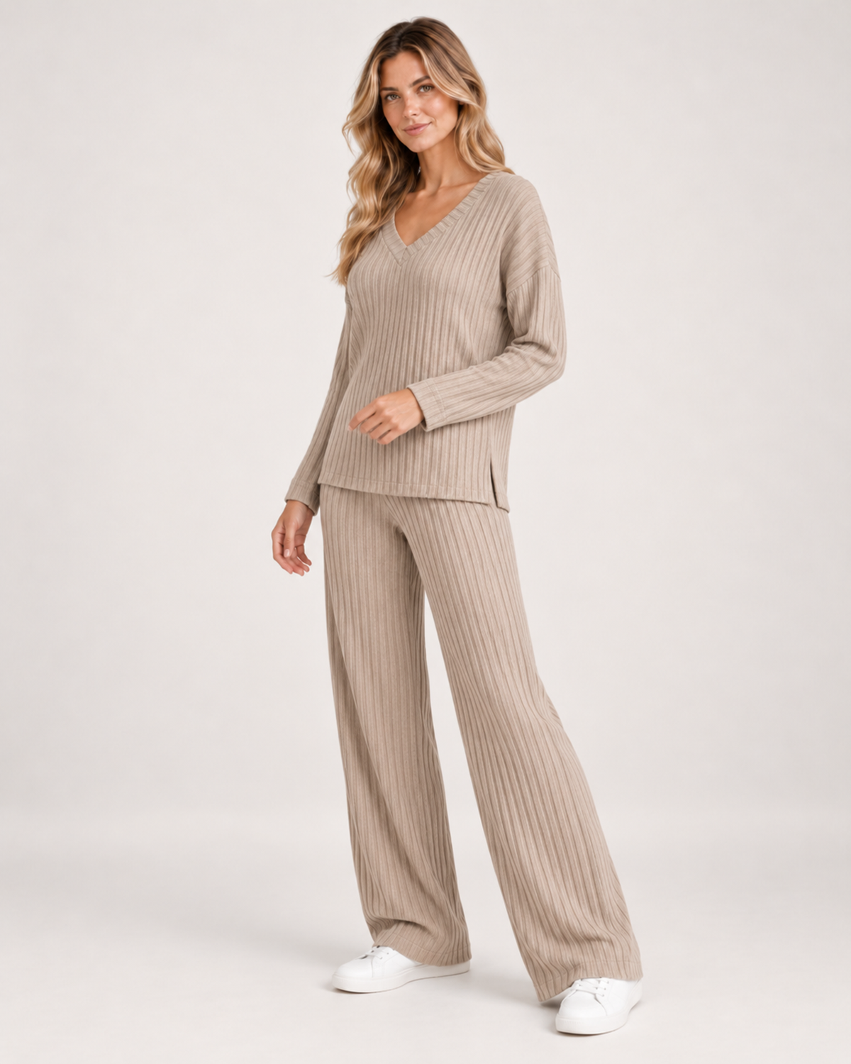 Women's Co-Ord Set with Ribbed V-Neck Top and Wide Leg Trousers beige close variant view