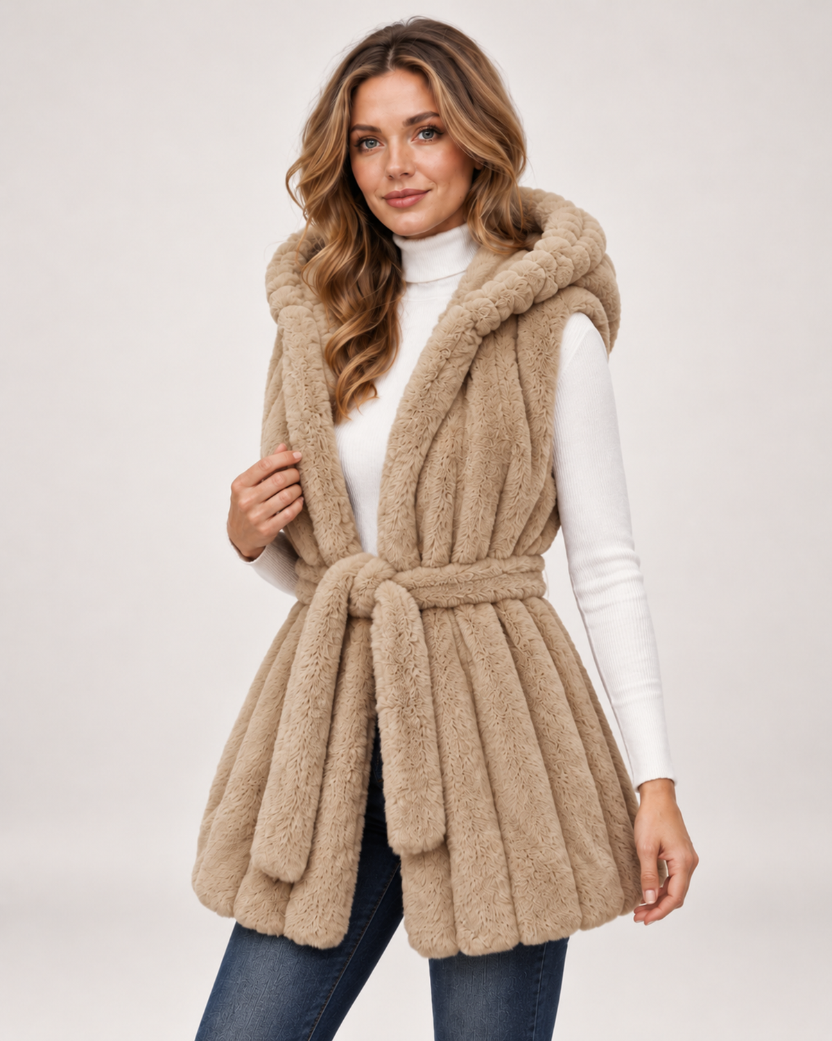 Women's Hooded Gilet with Faux Fur Finish and Belt beige close variant view
