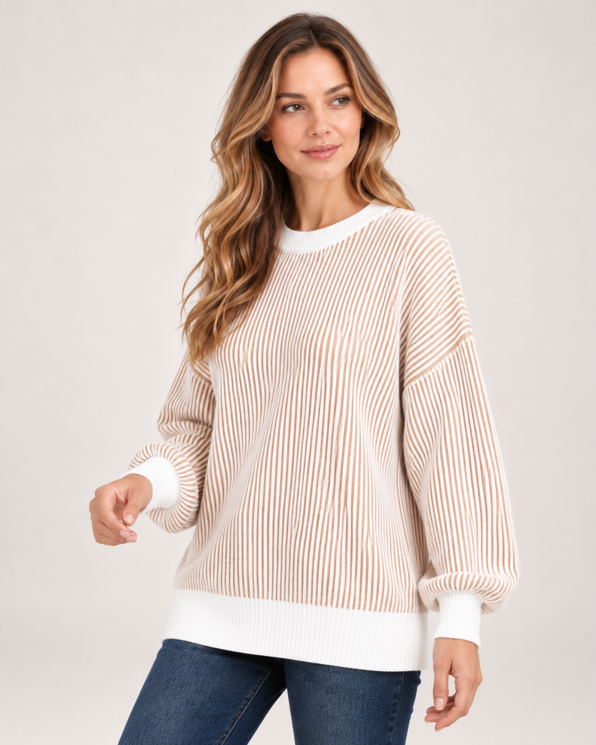 Women's Striped Jumper with Contrast Trim beige close variant view