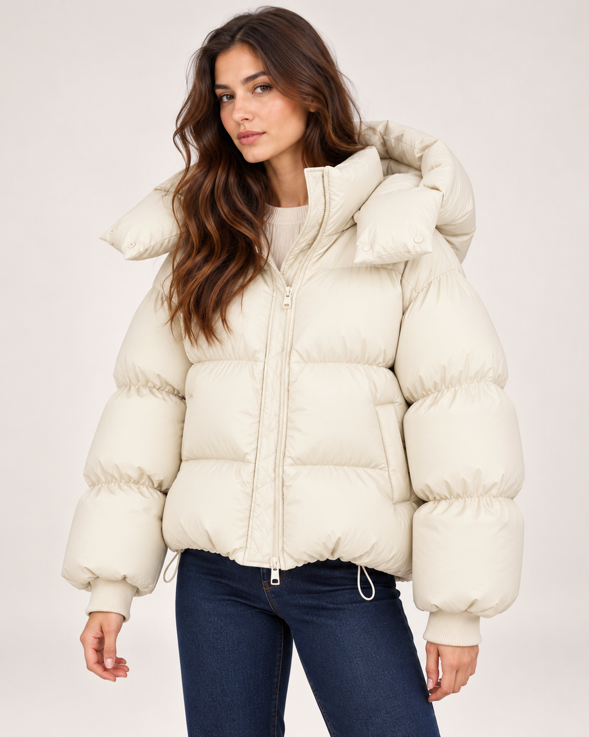 Women's beige puffer jacket with oversized hood close variant view
