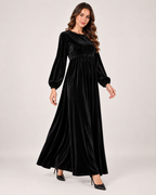 Women’s Velvet Maxi Dress with Draped Waist in Black, three quarter body view
