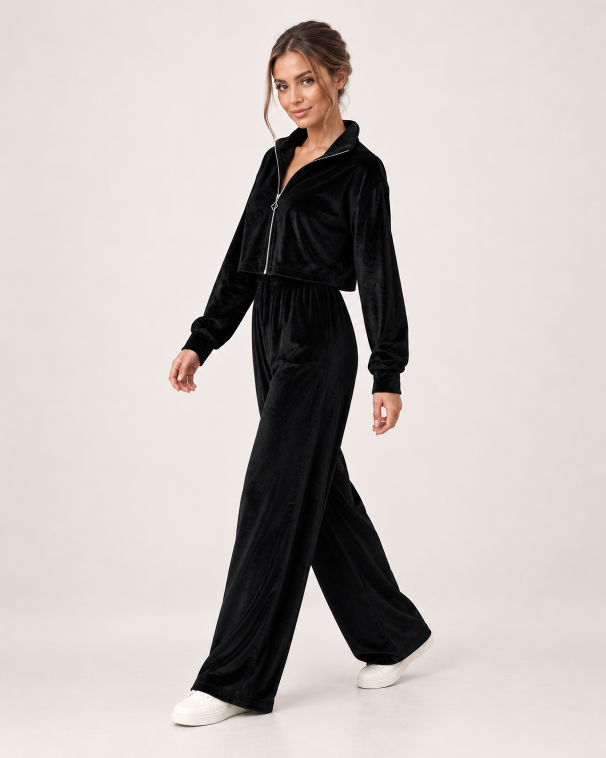 Women’s Loungewear Set with Zip Up Top and Wide Leg Trousers in Black, three quarter body view