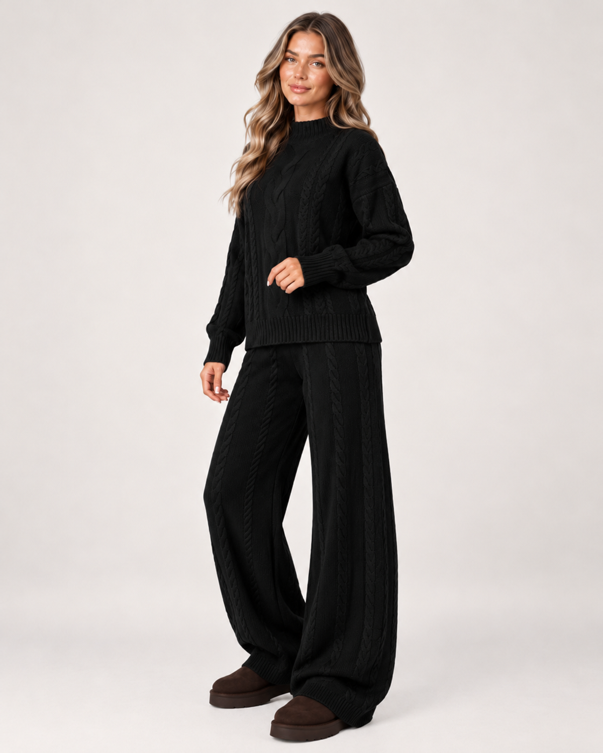 Women's Knitted Co-Ord Set with Cable Knit Jumper and Wide Leg Trousers black close variant view