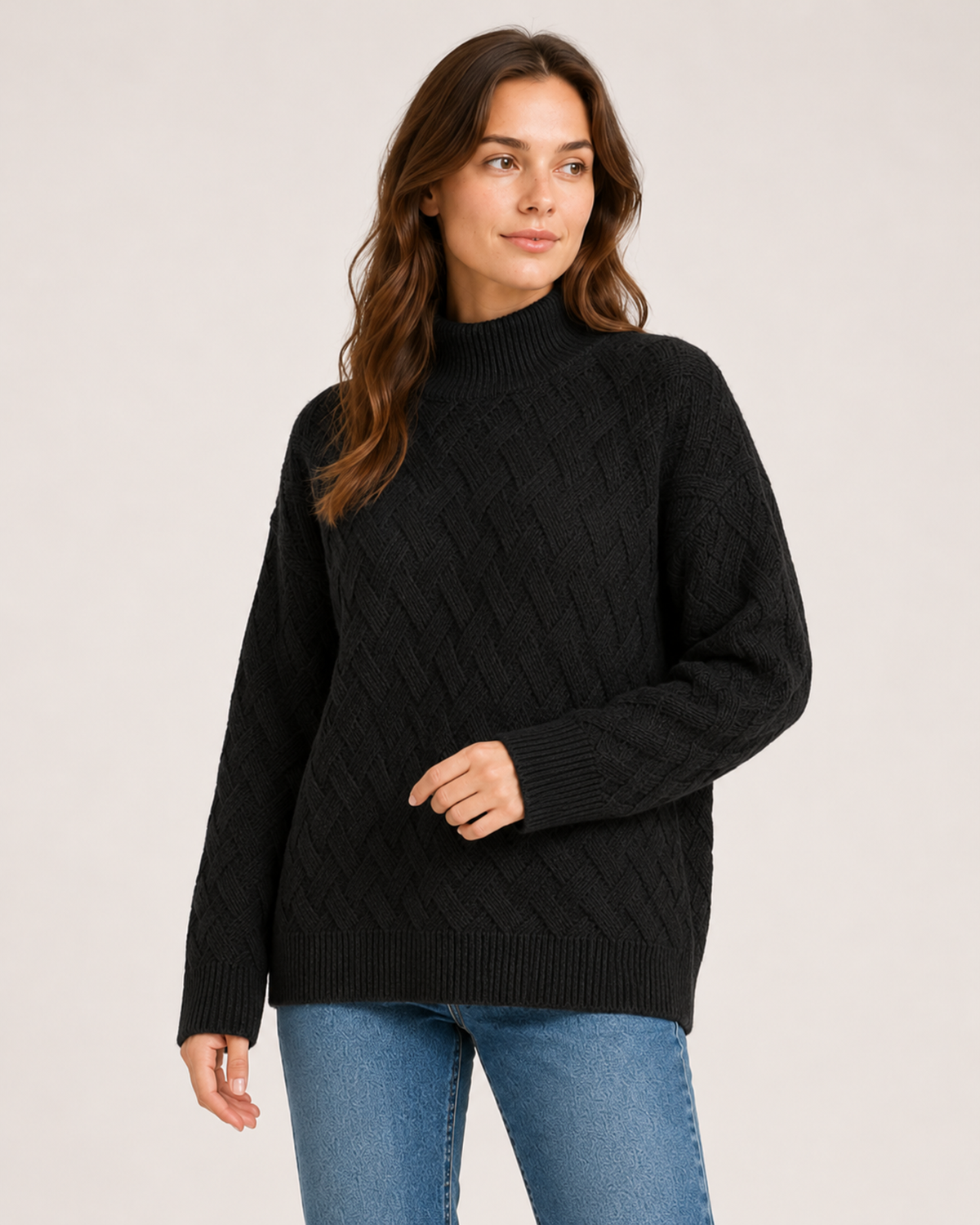Women's Textured Roll-Neck Jumper with Basketweave Knit black close variant view