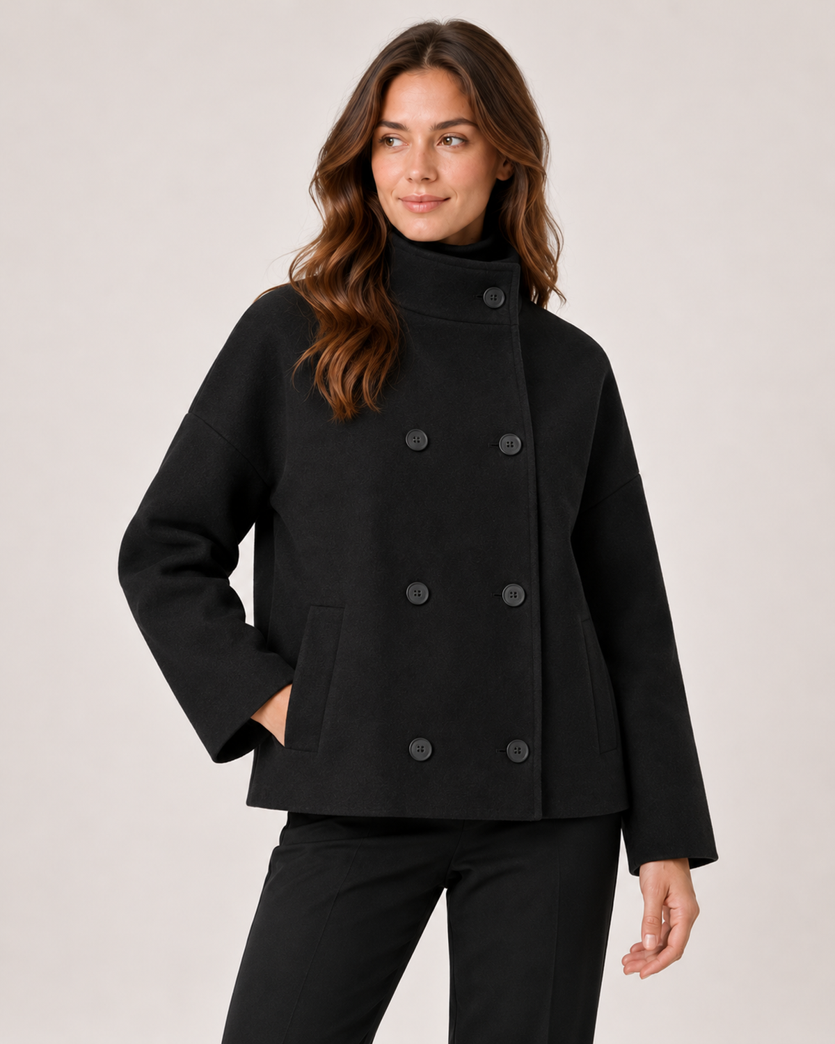 Women's Funnel Neck Coat with Double-Breasted Front black close variant view
