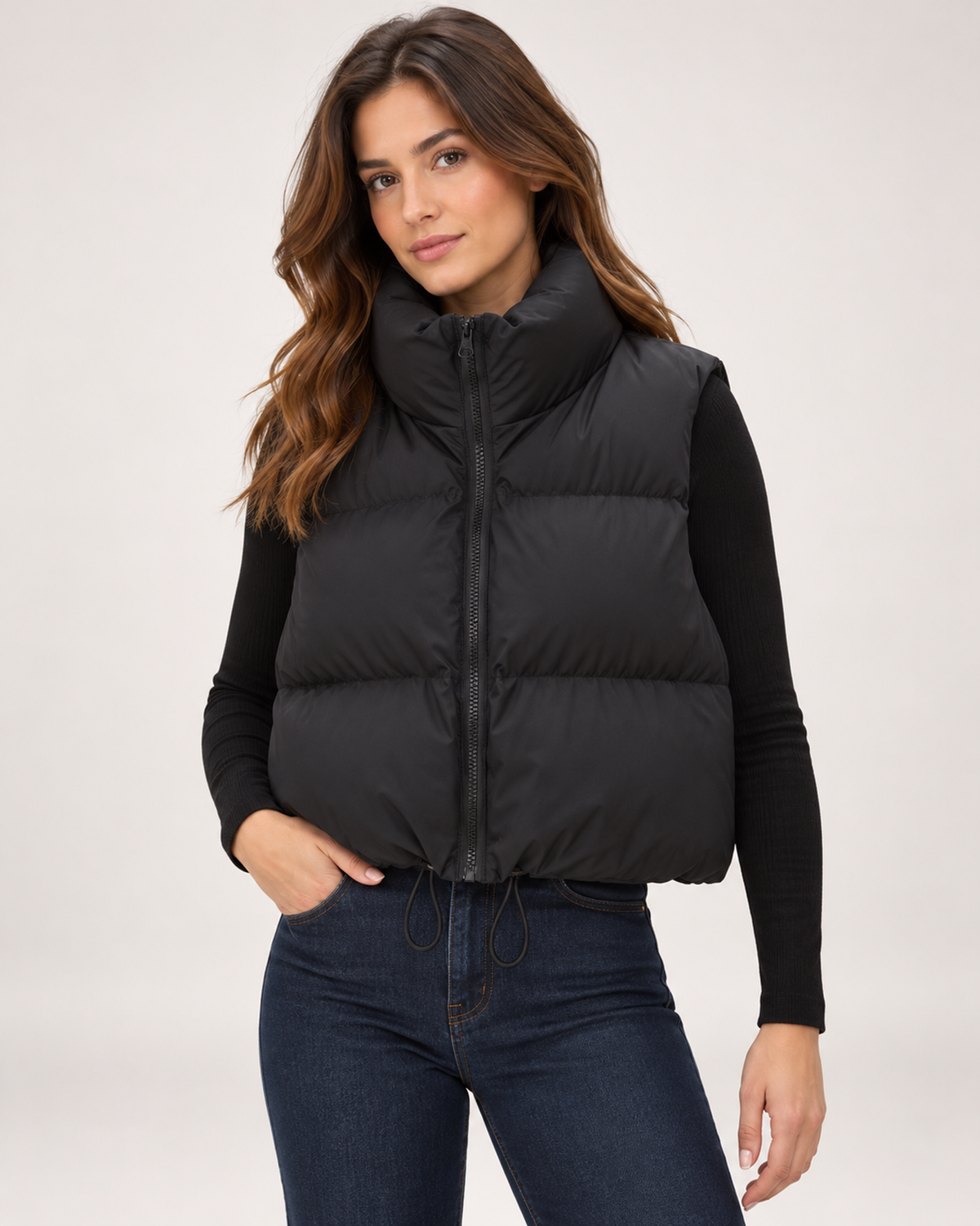 Women's black cropped puffer gilet close variant view