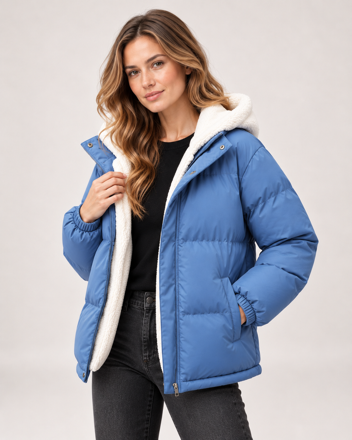 Women's Hooded Puffer Jacket with Teddy Fleece Lining blue close variant view