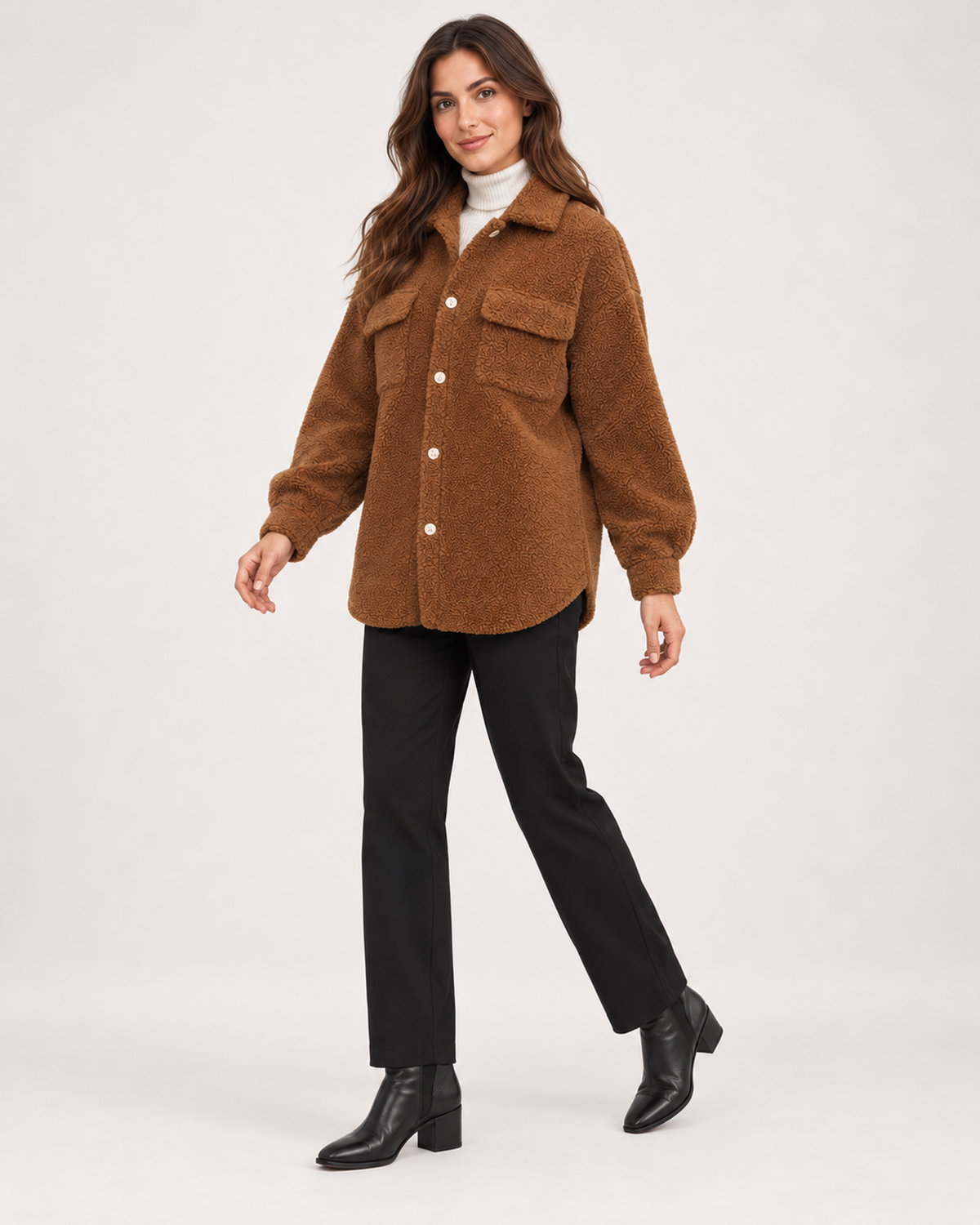 Women’s Teddy Jacket with Button Front and Chest Pockets in Brown, three quarter body view