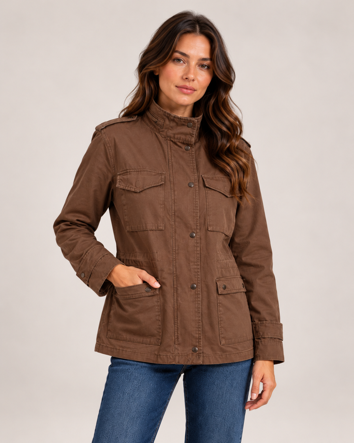 Women's brown utility jacket close variant view
