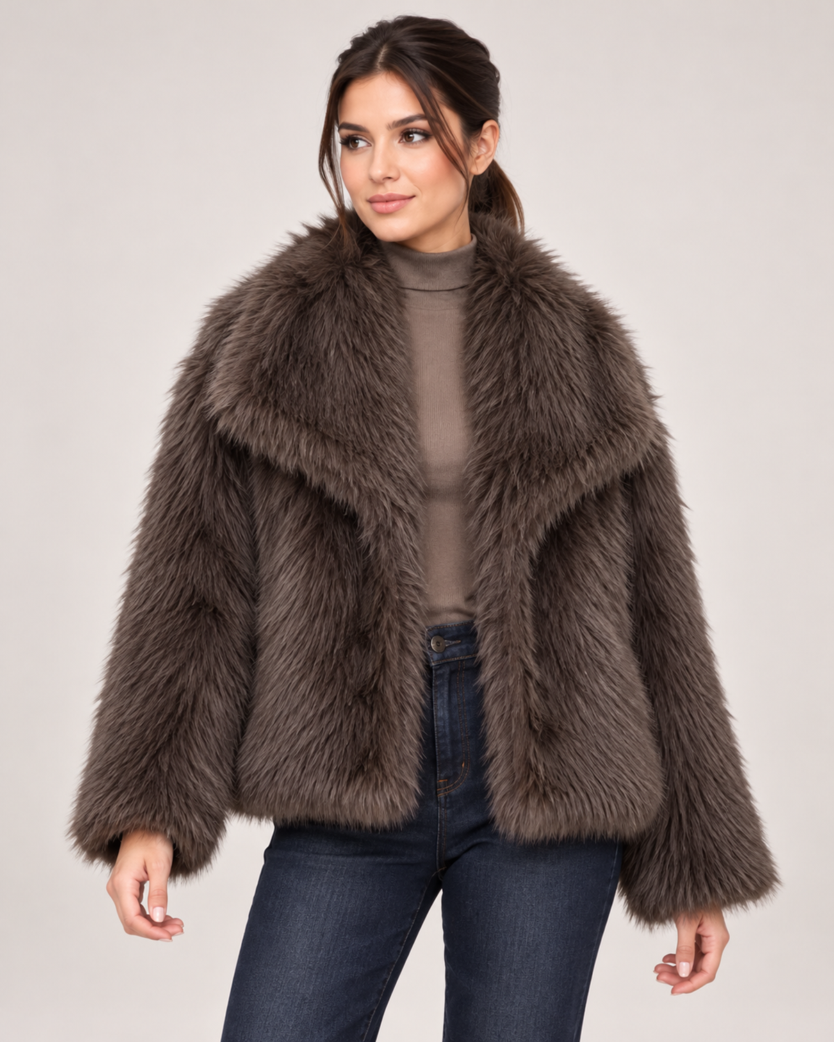 Women's Faux Fur Jacket with Wide Lapel Collar brown close variant view