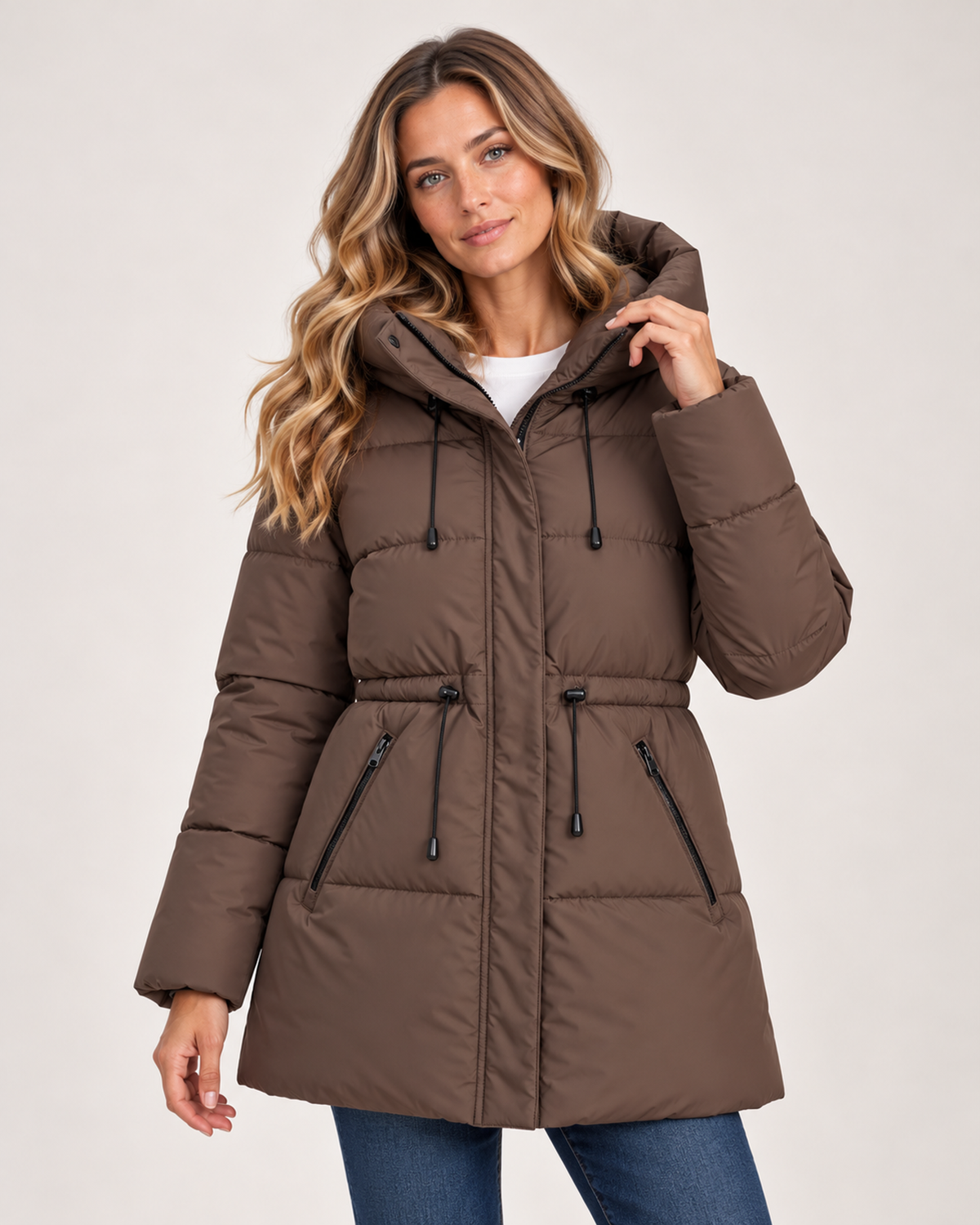Women's Padded Coat with Hood and Drawstring Waist brown close variant view