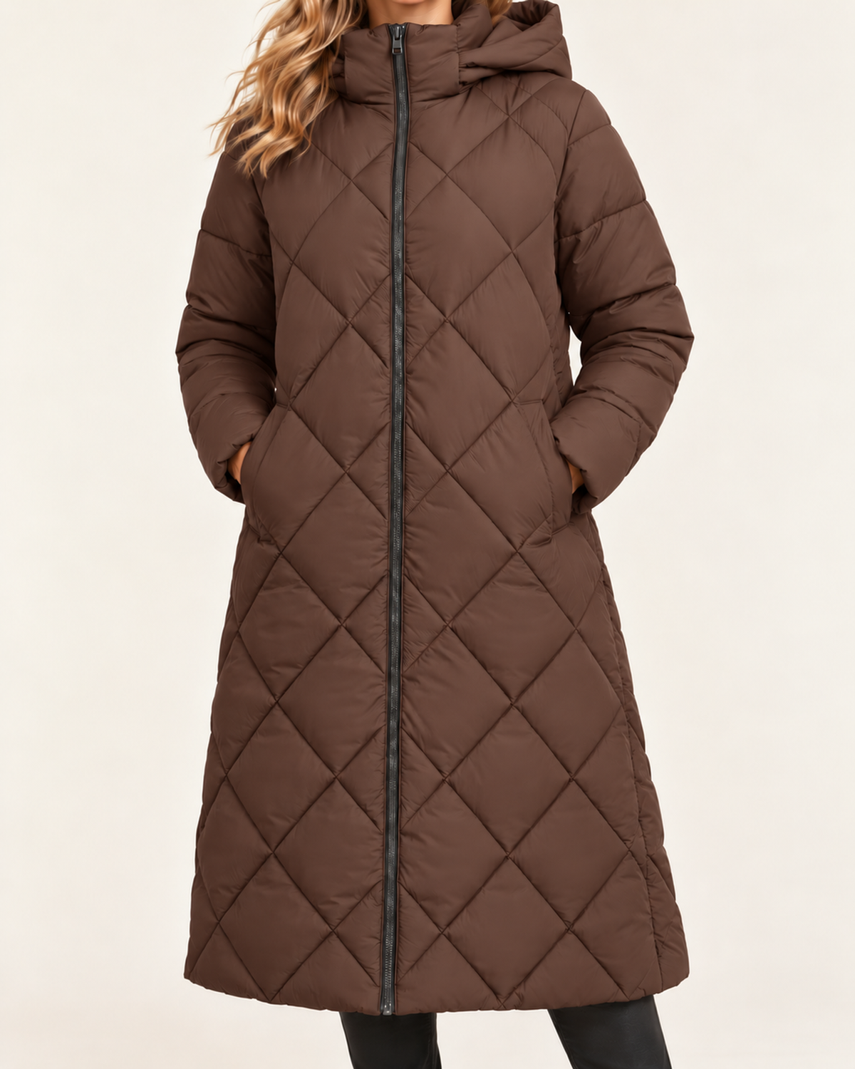 Women's brown long diamond quilted puffer jacket close variant view