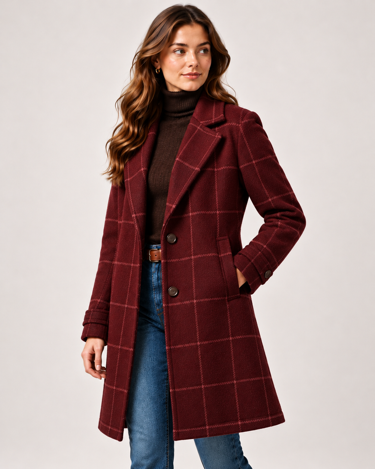 Women's Checked Coat Long Tailored Button Front Style burgundy close variant view