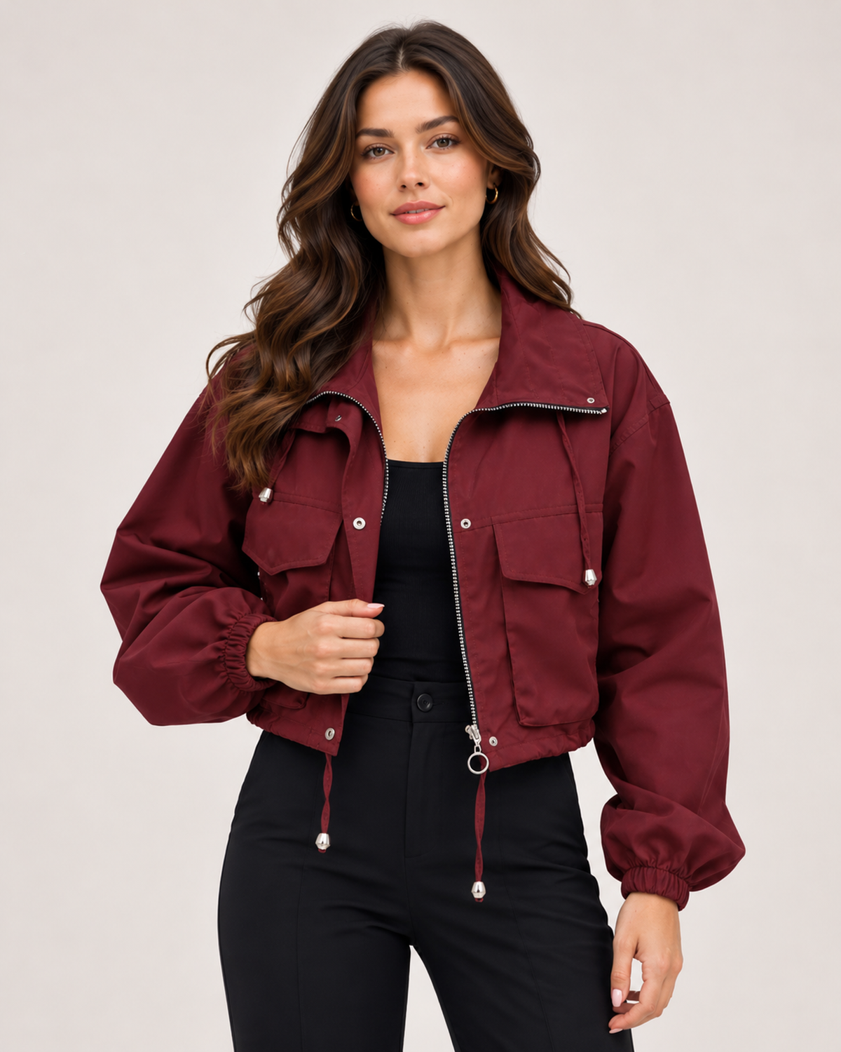 Women's Cropped Utility Jacket with Stand Collar and Chest Pockets burgundy close variant view