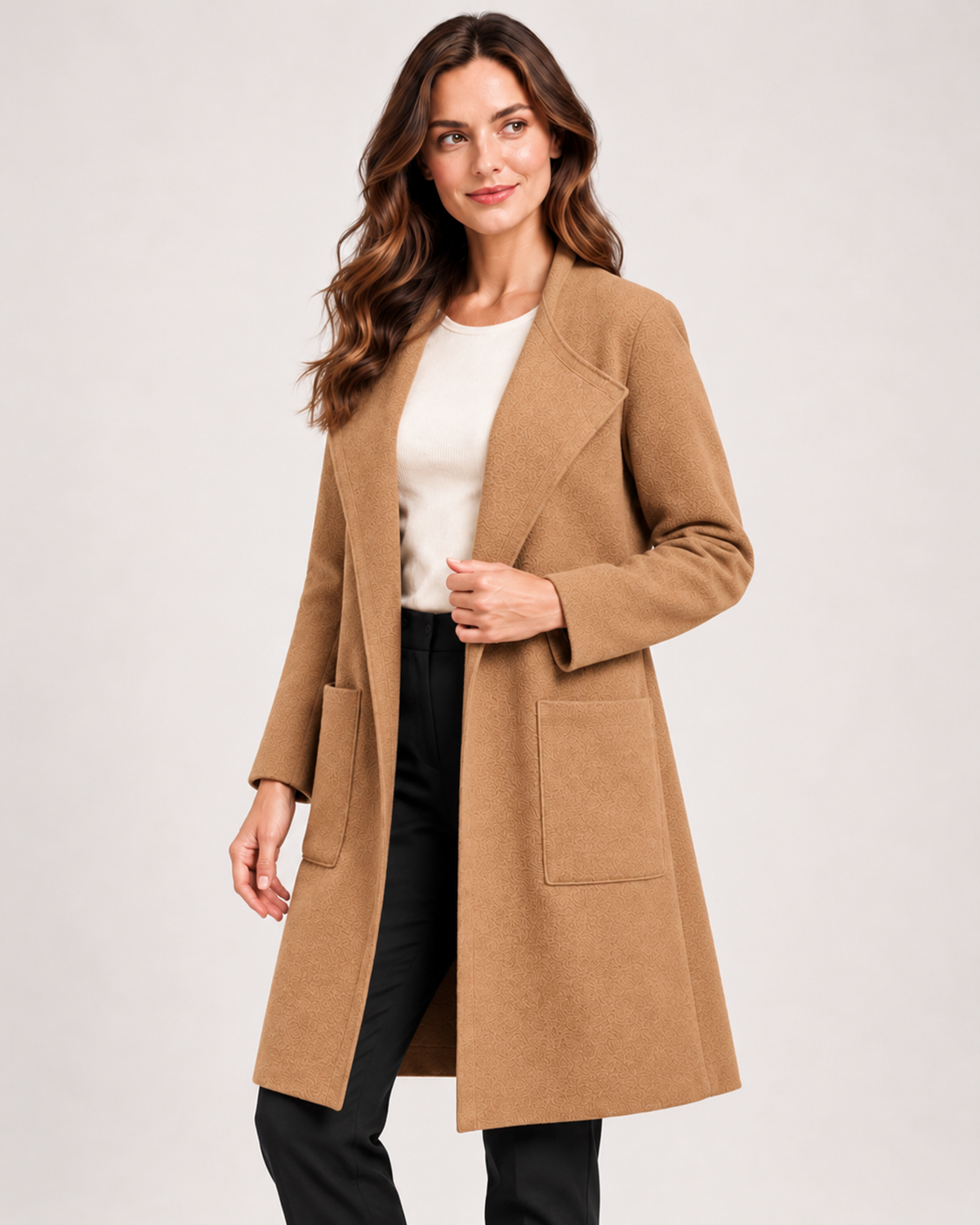Women's Coatigan with Lapel Collar and Pockets camel close variant view
