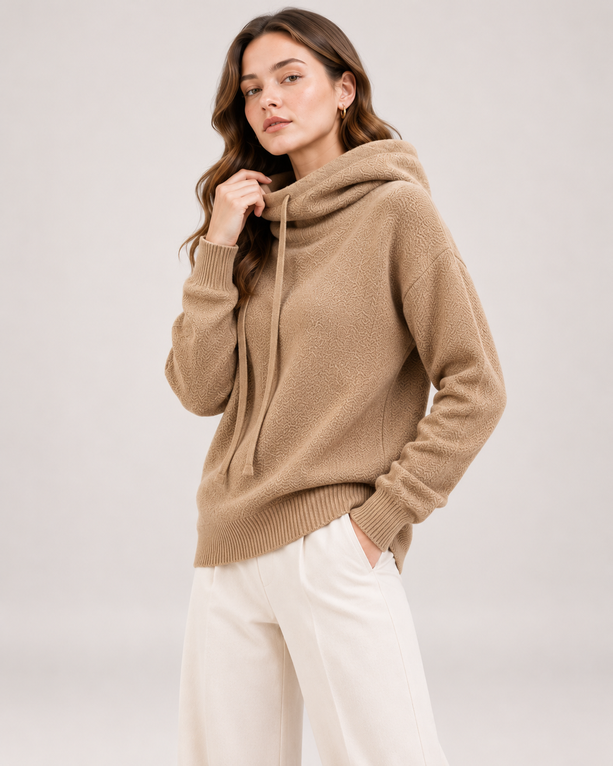Women's Oversized Knitted Hoodie camel close variant view